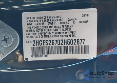 2002 Honda Civic Ex from USA, damaged, VIN 2HGES26702H502877